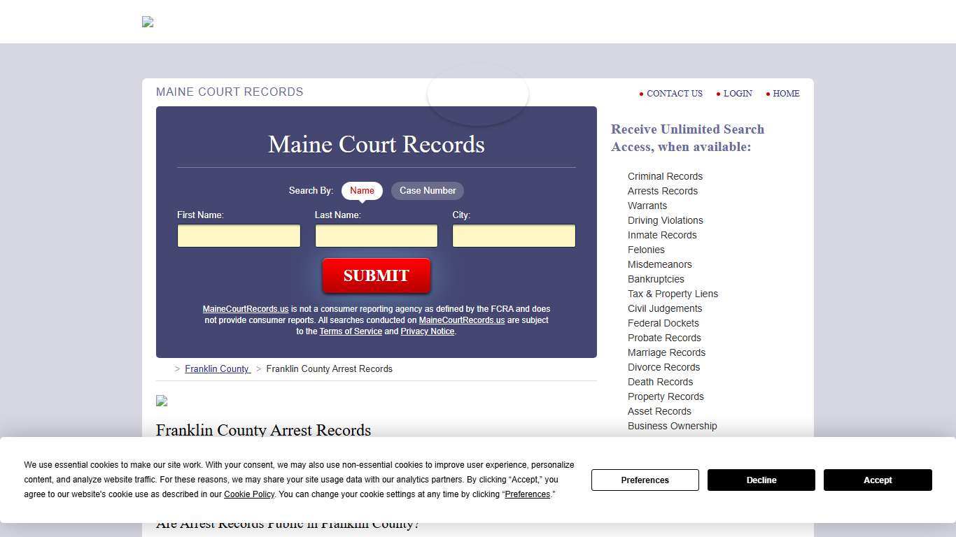Franklin County Arrest Records MaineCourtRecords.us
